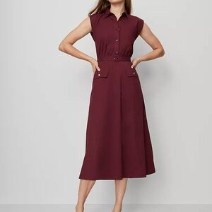 Ann Taylor ElegantBelted Flare Midi Shirtdress Burgundy
